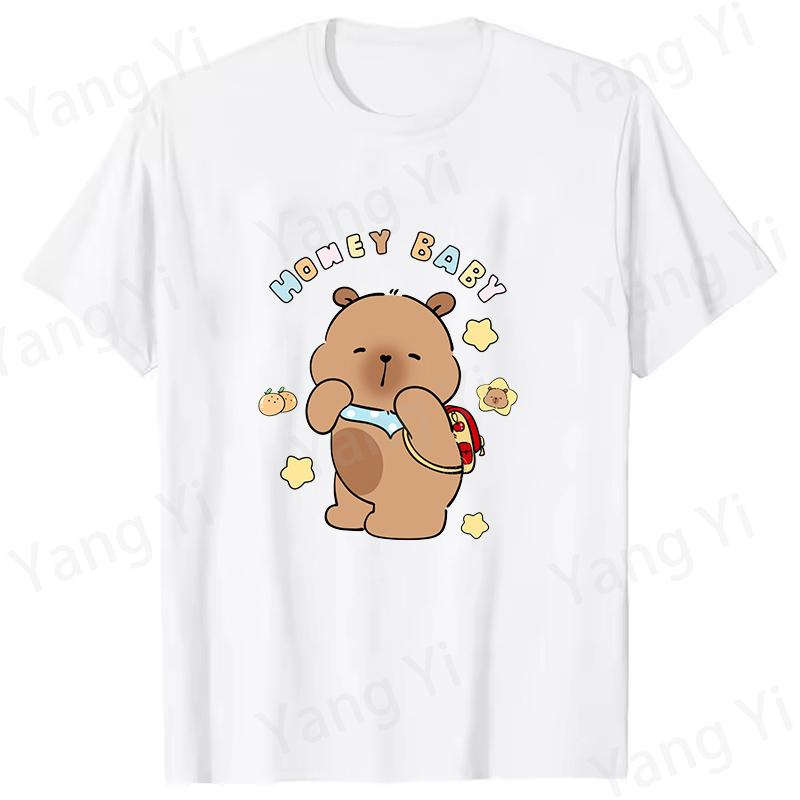 Modische Capybara Trage Rucksack Druck T-Shirt Lässig Kurzarm Grafik T-Shirt Unisex Locker Harajuku Shirt Honey Baby Oberteile
