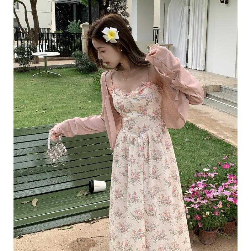 Plus Size French Retro Print Suspender Dress & Cardigan Set