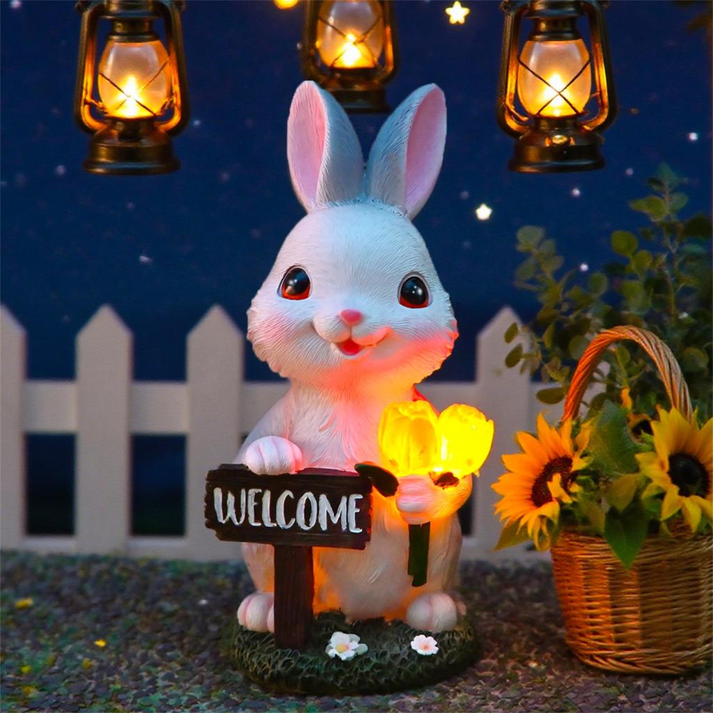 Solar Powered Holding Flower Statue Ornaments Creative Resin Crafts Zoo Garden Ornaments