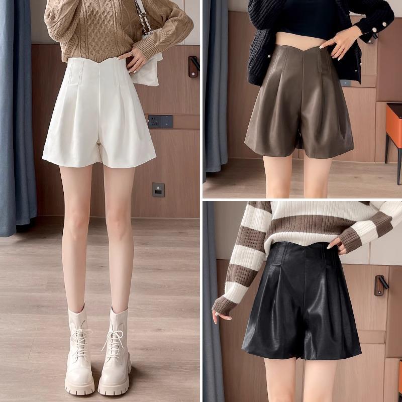

2024 A/W Women s High Waist PU Leather Brown A-line Shorts: Loose, Slimming, Versatile, and Casual S