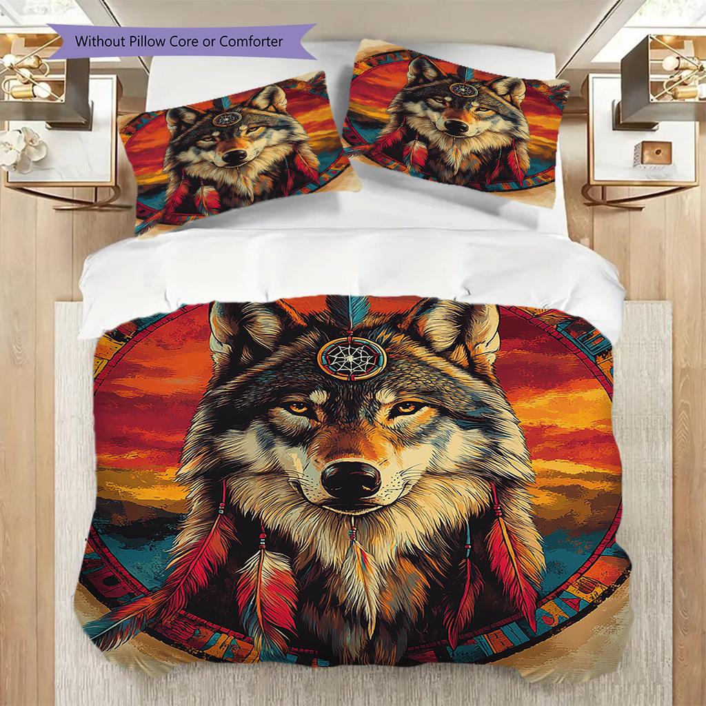 Primitive Wolf Pattern Bedding Quilt Set Quilt Cover Pillowcase Home Decoration Birthday Gift (1 * duvet cover + 2 * pillowcase, without core)