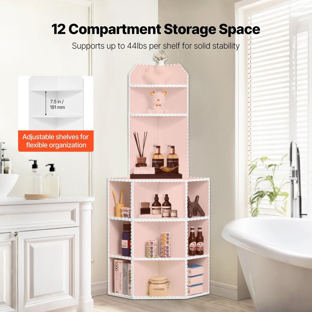 64" Corner Storage Cabinet with Charging Station Adjustable Shelves White