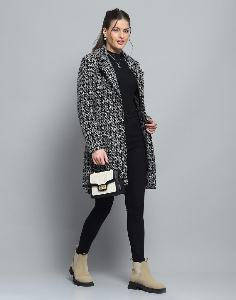 MONTE CARLO Womens Self Design Black Notch Lapel Full Sleeve Coat