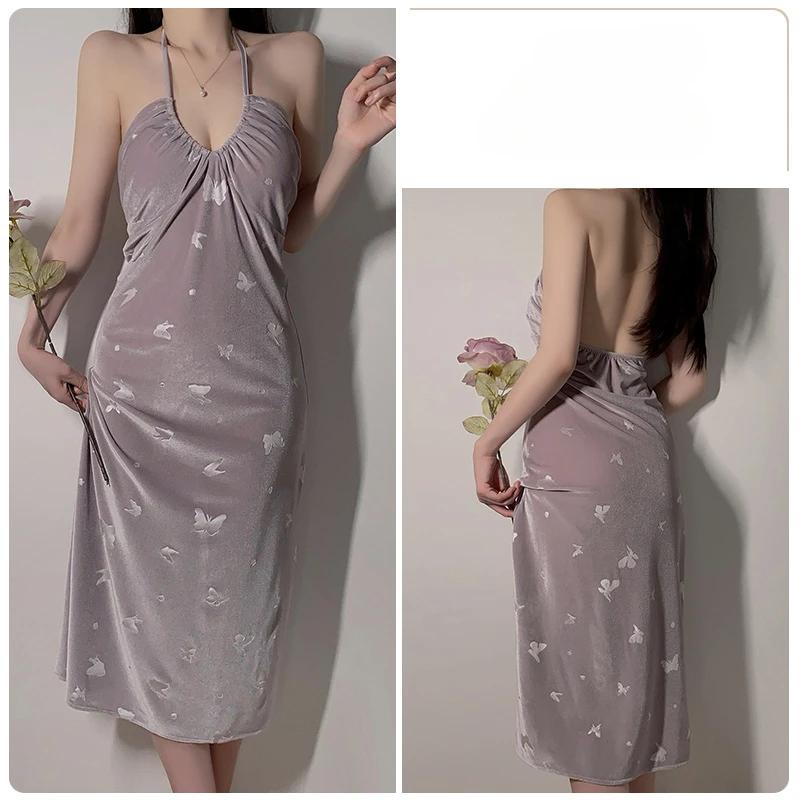 

Бархатная женская пижама с бретелью через шею, пижама с глубоким V-образным вырезом, женская зимняя сексуальная женская пижама, комплект пижамы XL