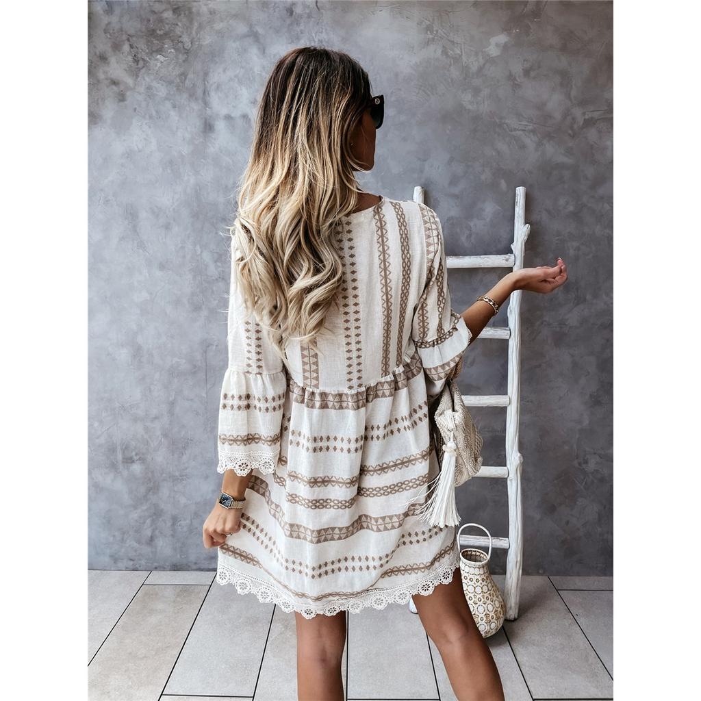 Tooxika Summer New Lace Splicing Printed Dress V-neck Loose Short Skirt