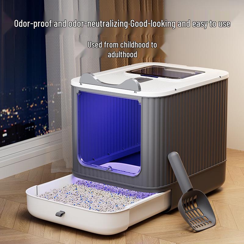 Extra velký skládací uzavřený kočičí záchod s deodorizérem a zásuvkou proti rozstřiku