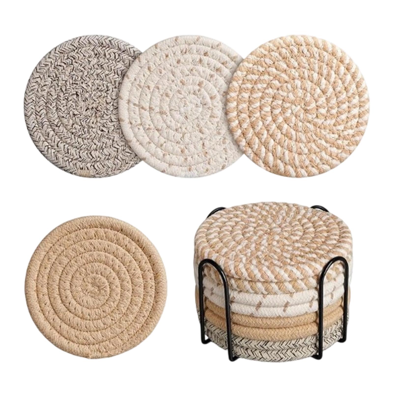 

Набор из 8 штук для напитков с держателем, Впитывающие плетеные из хлопка, Подставки под чашки для журнального столика, Письменного стола и Обеденного стола, Бохо для декора дома и столешницы хаки