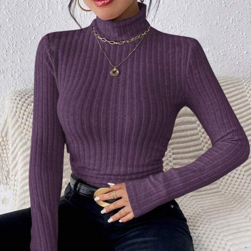 Herbst und Winter Sexy Textur Pit Stripe Slim Knit Langarm Damen T-Shirt Neue High Neck Damen Tops Casual Damen Tops