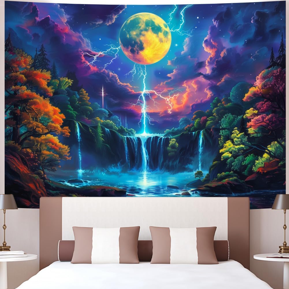 Heopapin Blacklight Tapestry Fantasy Moon Lightning Tapestries UV Reactive Tapestry Magic Waterfall Forest Landscape Tapestries Wall Hanging for
