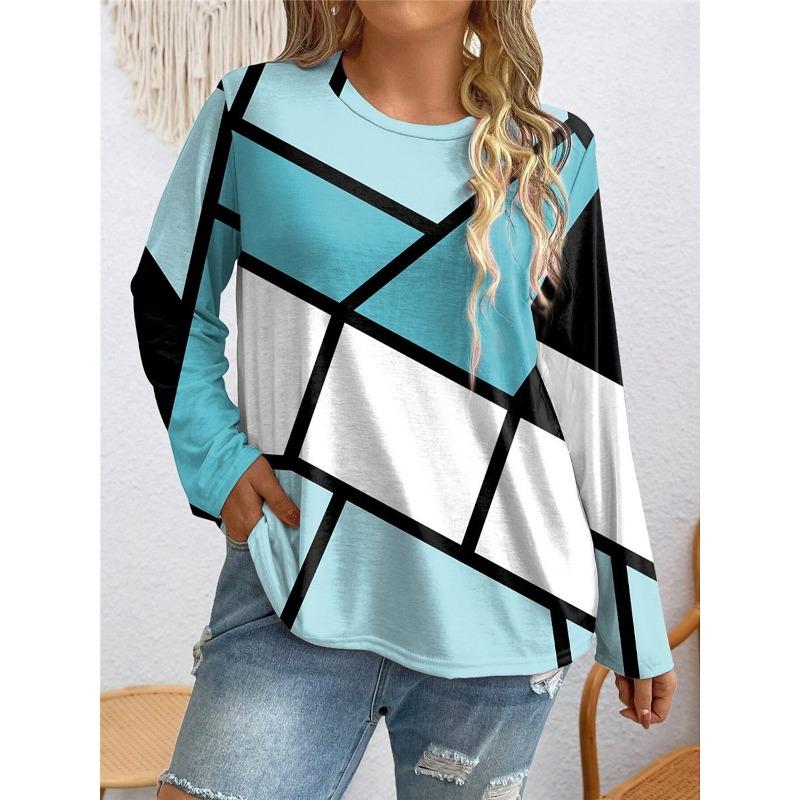 Pullover mit Farbverlaufstreifen-Print Herbst und Winter Lässig Langärmlig Rundhals Sweatshirt Karomuster Damenbekleidung