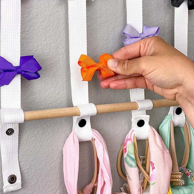 Woven Wooden Sticks Storage Belt Holder Hairpin Hair Clips Headbands Organizer for Teenager Girls Headwear Wall Hanging