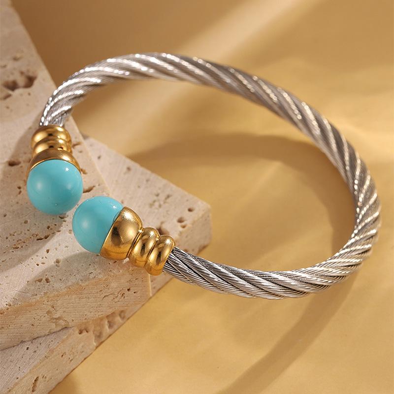 Pearl Steel Wire Opening Titanium Steel  Simple Design European and American Blue Pearl  K Gold Electroplating 