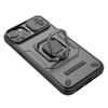 For iPhone 15 PC+TPU Impact-Resistant Phone Case Slide Lens Protection Kickstand Cover