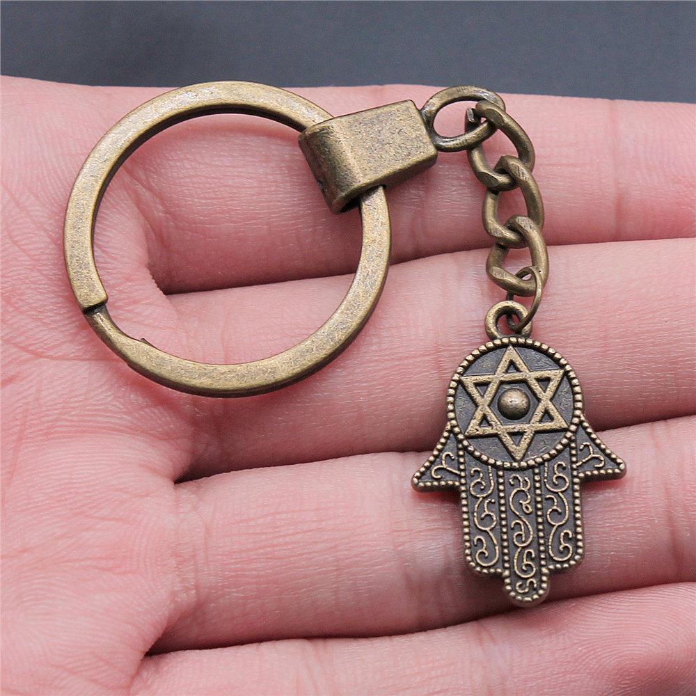 Star of David Talisman Amulet Pendant Antique Bronze Metal Keychain with 30mm Ring for Boys Bag Charm