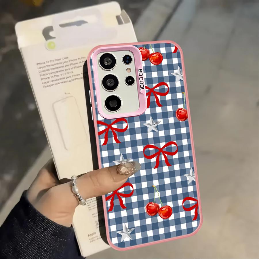 Case for Samsung Galaxy A12 A31 A24 A25 A17 A20s A26 A13 A14 A35 A21s A23 A15 A16 A34 Phone Cover Cherry Checkered Pattern