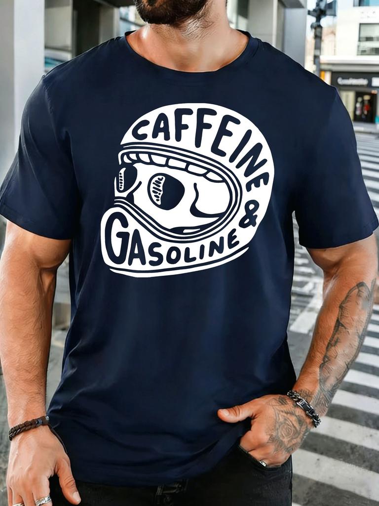 Caffeine And Gasoline Skull Helmet Unisexs Print T Shirt Retro Biker Text Graphic Tee Casual Short Sleeve Top Motorcycle Lover Gift