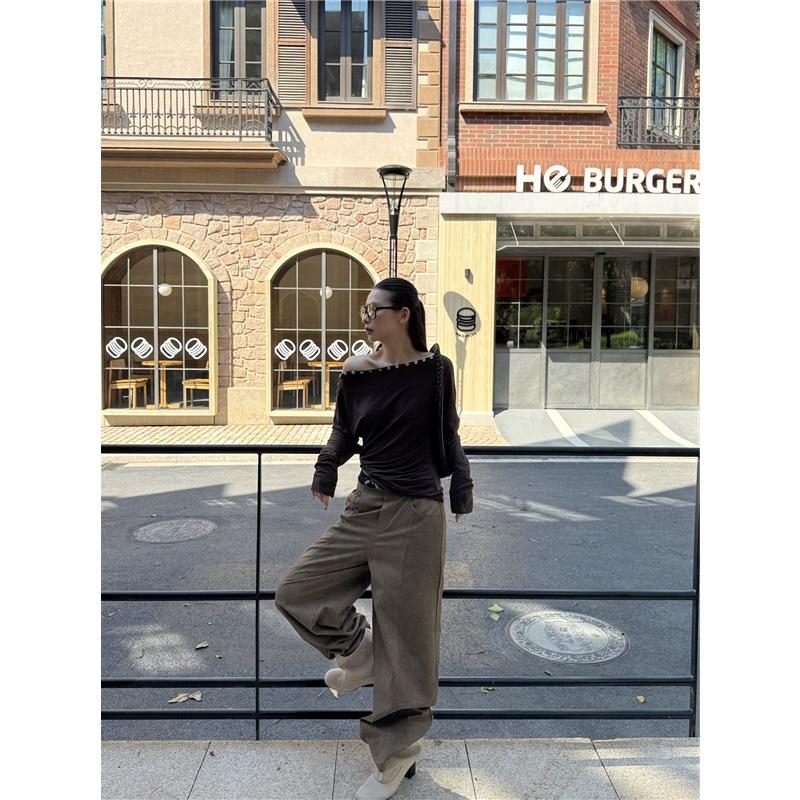 Fashionable Street Casual Shell Button Off-shoulder Long-sleeve High-stretch T-shirt