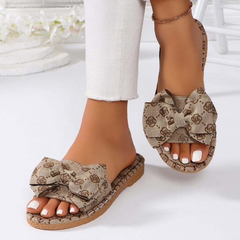 Wear large size summer new slippers flat bottom one word with bow flat heel women's cool slippers