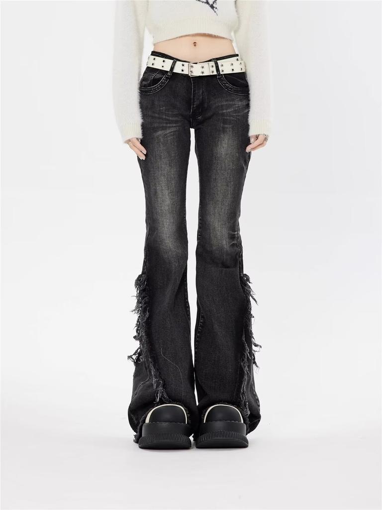 Low Waist Gray Versatile Micro Flared Jeans For Women, Retro Fringed Floor Length Pants