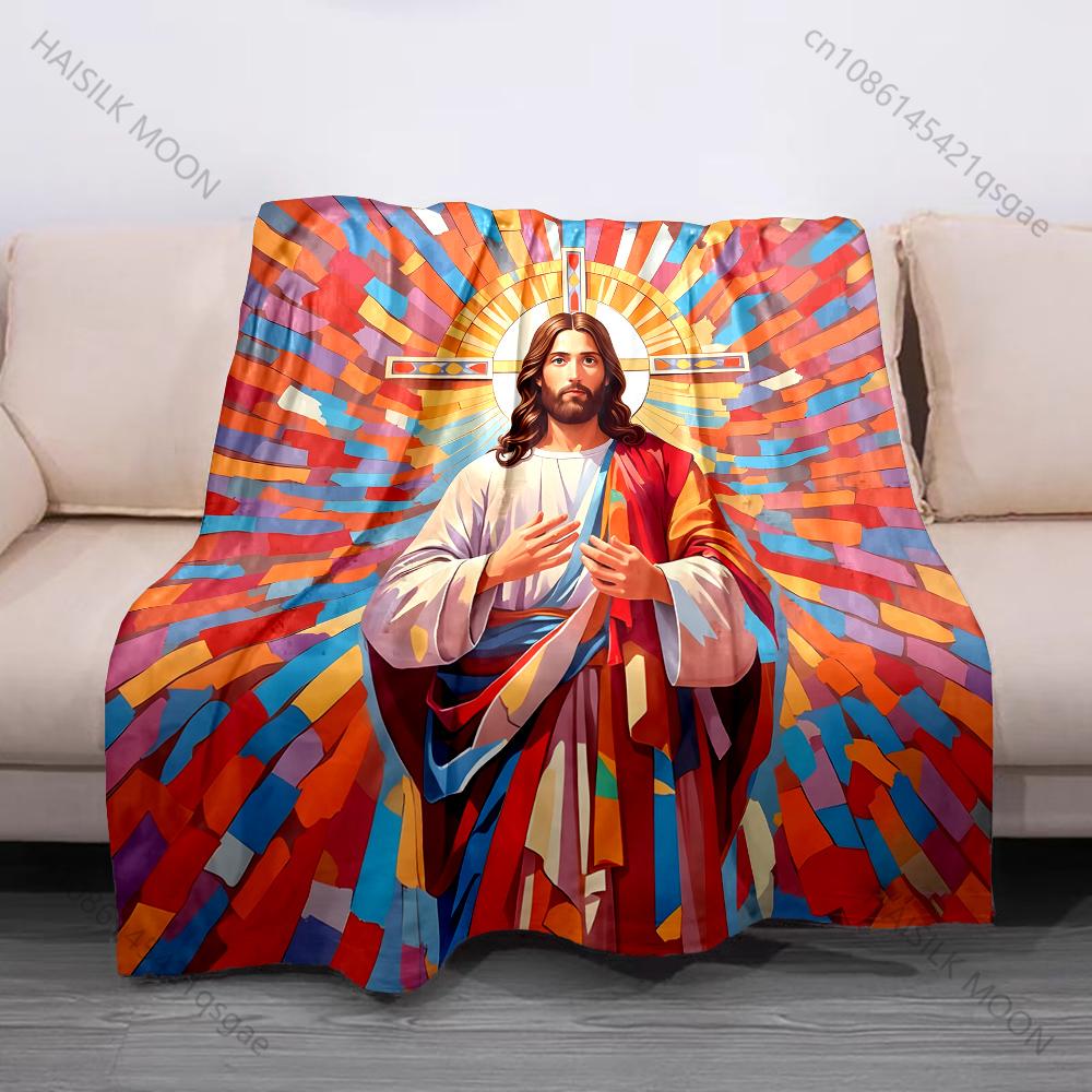 1PC Jesus figure colorful background Print Believer Pray blanket Warm soft flannel material suitable for all seasons luxury gift
