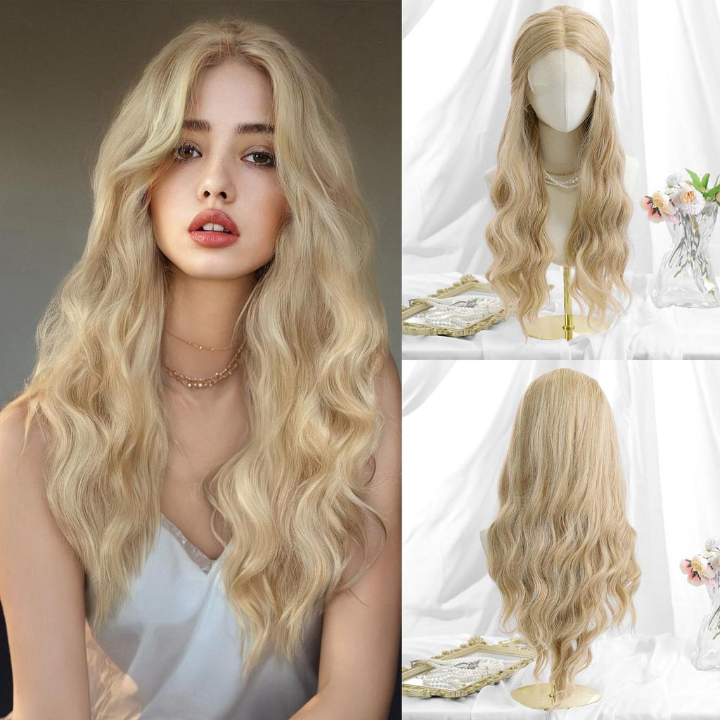 ALAN EATON Lace Front Blonde Ombre Wigs Synthetic Long Straight Wig with Dark Root for Women Daily Cosplay Party Heat Resistant Fiber