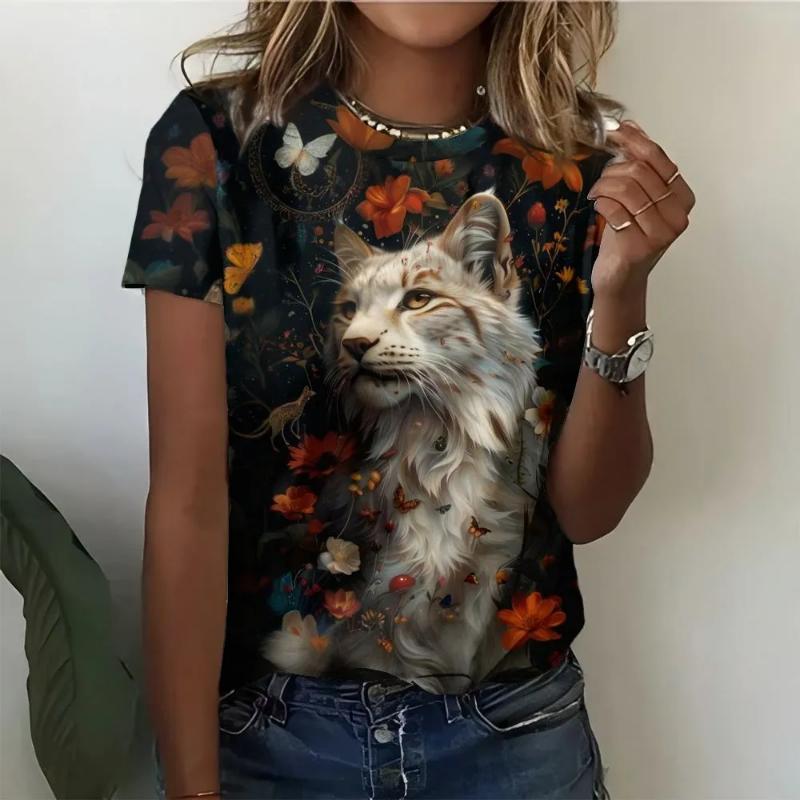 Mode Femme Col Rond Manches Courtes Impression Animale Colorée 3D T-shirt à Manches Courtes et Col Rond Animal