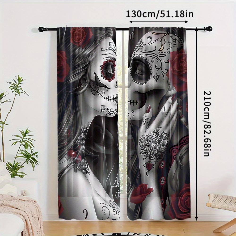 2PC Couple Skull Blackout Curtains - Woven Polyester Rod Pocket Drapes for Bedroom & Study, Modern Halloween Decor