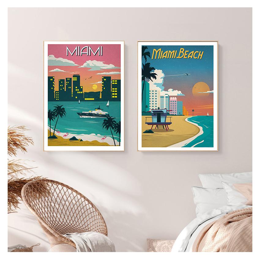 Travel Canvas Paintings Vintage Wall Kraft Posters Coated Stickers Home Decor Pictures Florida Miami Beach America