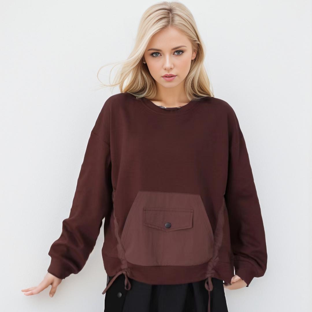 

Футболка великого розміру DIMANAF 2024, пуловер, осінній худі, жіноча футболка з кишенями, однотонні рукави, вільні One Size коричневий