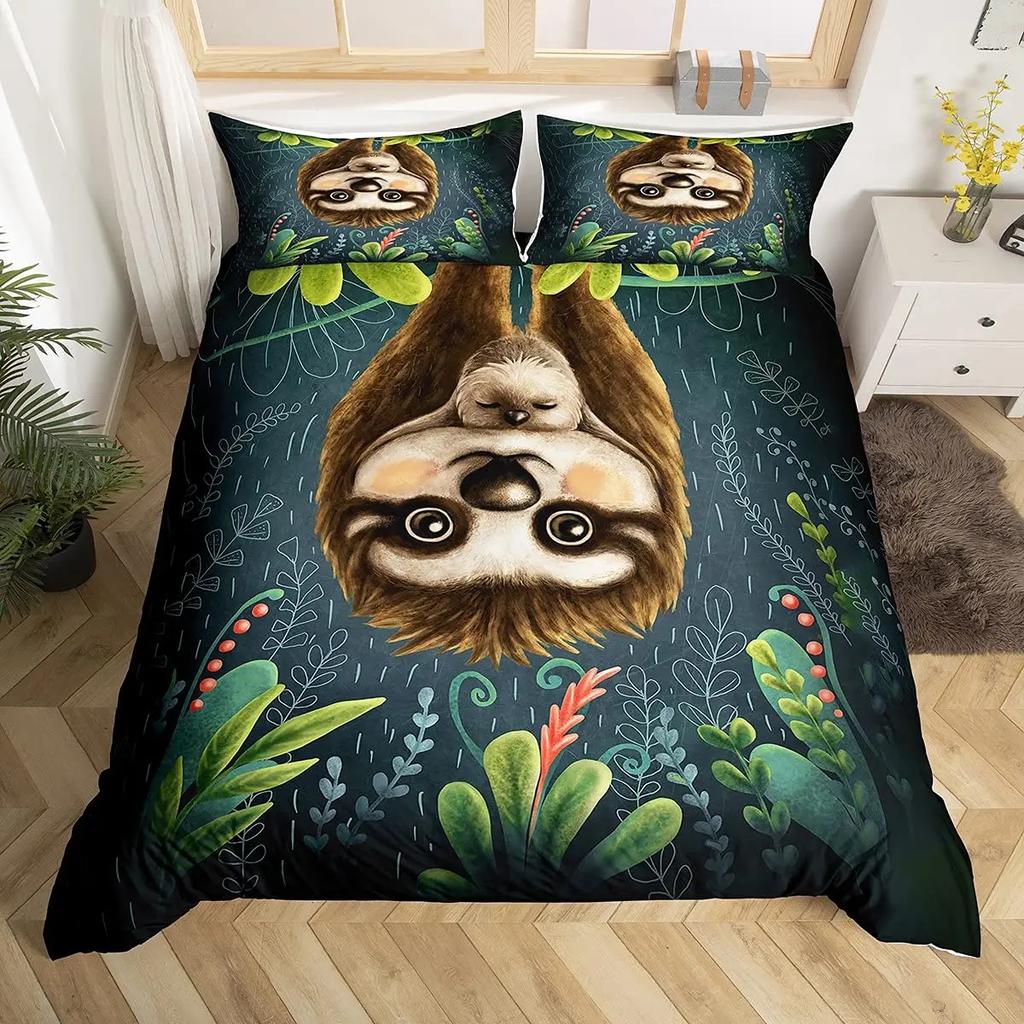 Carton Sloth Soft Duvet Cover Set Lovely Animals Beding Sets for Young Boys Young Girls Funy Sloth Tropical Leaves Floral Nature Comfortable Quilt