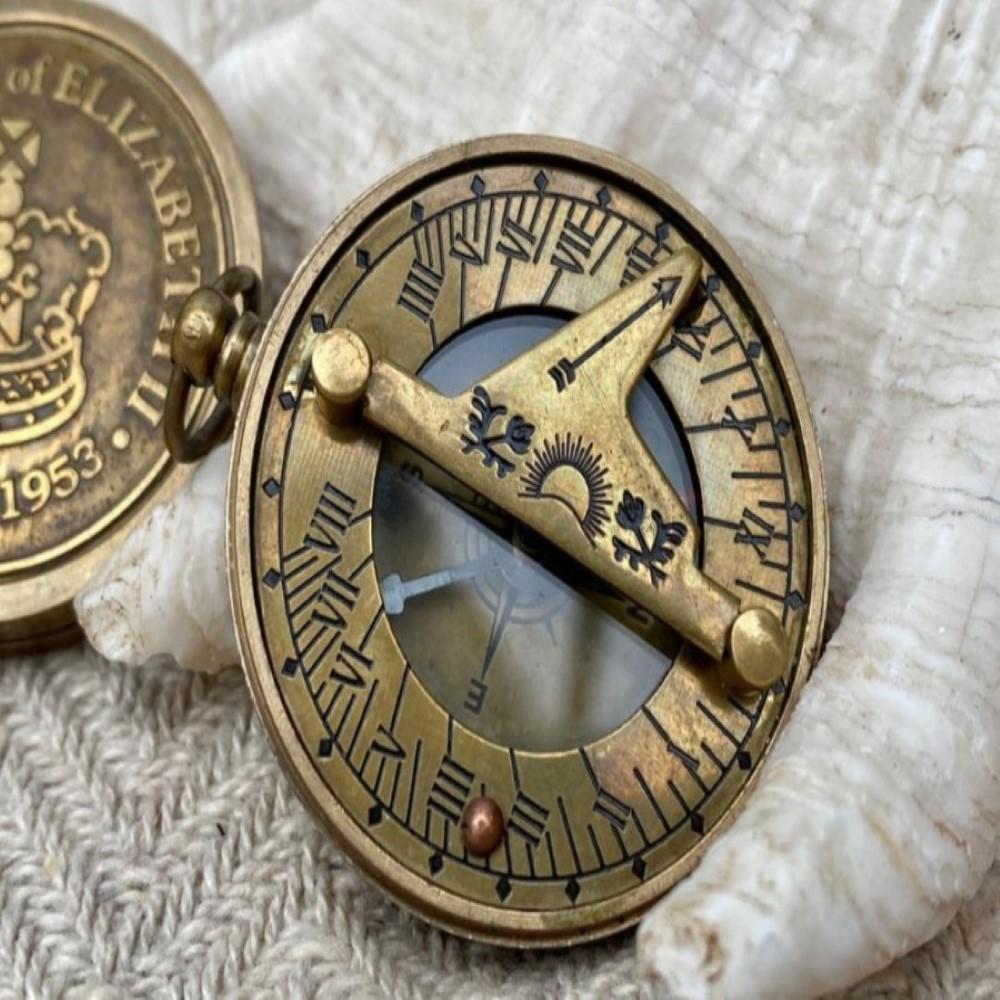 Handmade Brass Pocket Compass with Sundial – 5 cm Diameter | Royal Memorabilia | Steampunk Style | Queens Coronation Commemorative