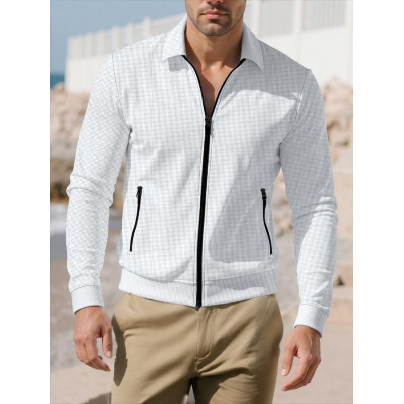 Men S Waffle Solid Slim Fit Zip Up Casual Jacket With Pockets S белый