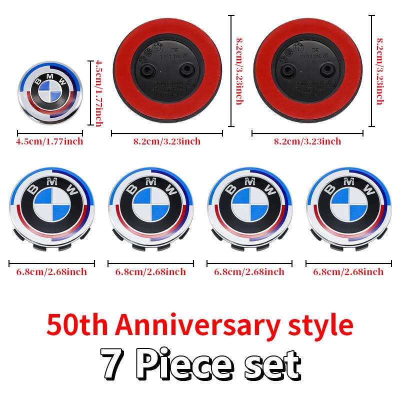 DJSA5 Hood Trunk Wheel Steering Badge 7Pcs Emblem Set For BMW E46 E90 F10 F30 G20 X5 82mm 74mm 68mm 56mm 45mm 50th Anniversary Car