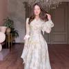 2025 Autumn French-Style Long Square Neck Printed Dress for Women