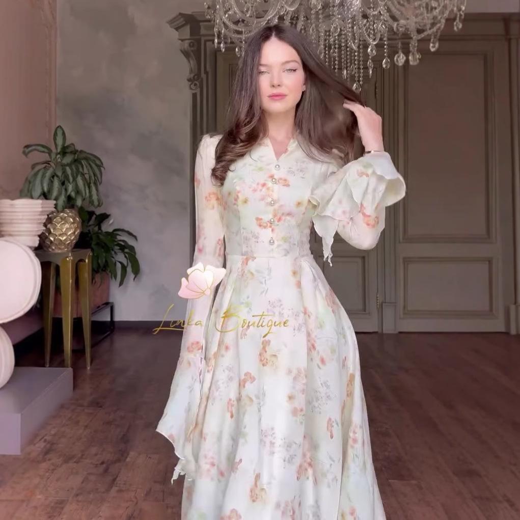 2025 Autumn French-Style Long Square Neck Printed Dress for Women