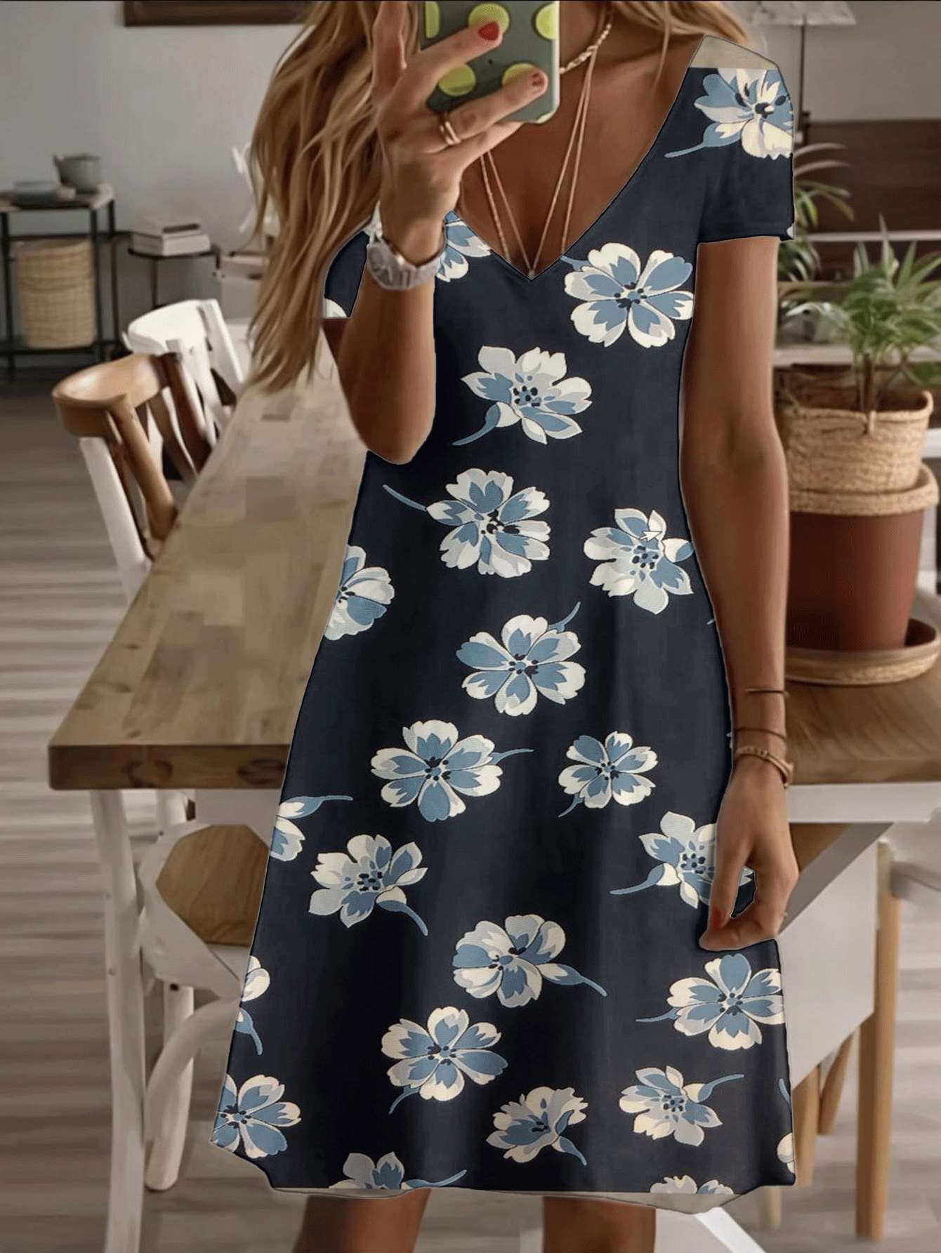 

Vneck shortsleeve midi dress floral ladies dress blue blossom print pattern 3D premium printing durable casual fashion elegant summer outfit comfortab 5XL дубильная кора