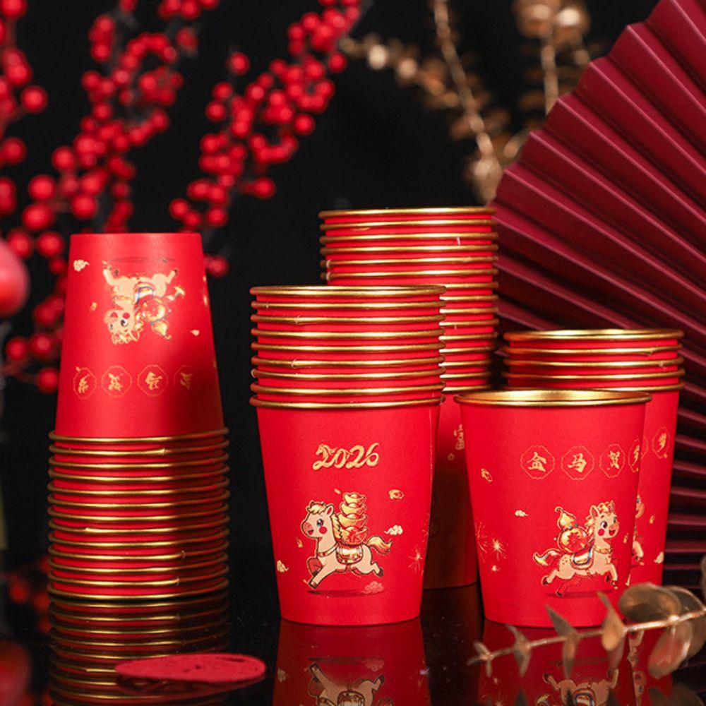 50pcs Horse Pattern 2026 Spring Festival Disposable Cup Anti-scalding Gold Foil Spring Festival Paper Cup Chinese Style
