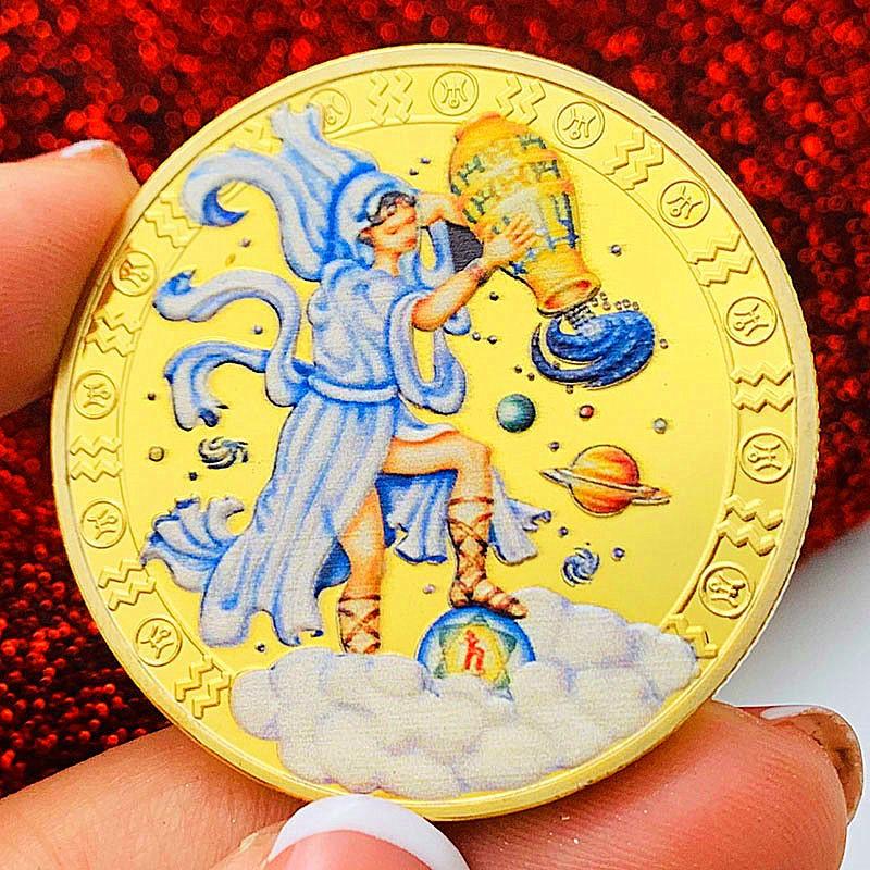 Zwölf Tierkreiszeichen, Farbdruck, Skorpion, vergoldete Farbdruck-Gedenkmedaille, Zwillinge der Liebe, dekorative Goldmünze, Waage Münze