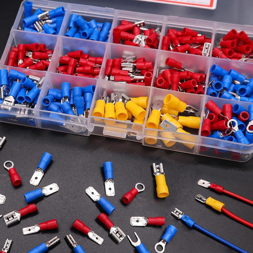 Twidec/Spade Crimp Connectors 2.8mm/4.8mm/6.3mm Male and Female Spade Connector Kit Includes Fork Ring Insulated Wire Connector 15 Types Crimp
