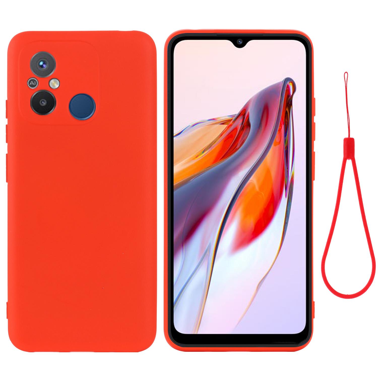 

For Xiaomi Redmi 11A 4G/Redmi 12C 4G/Poco C55 4G Shockproof Phone Shell Liquid Silicone Soft Lining Protective Cover with Strap Red