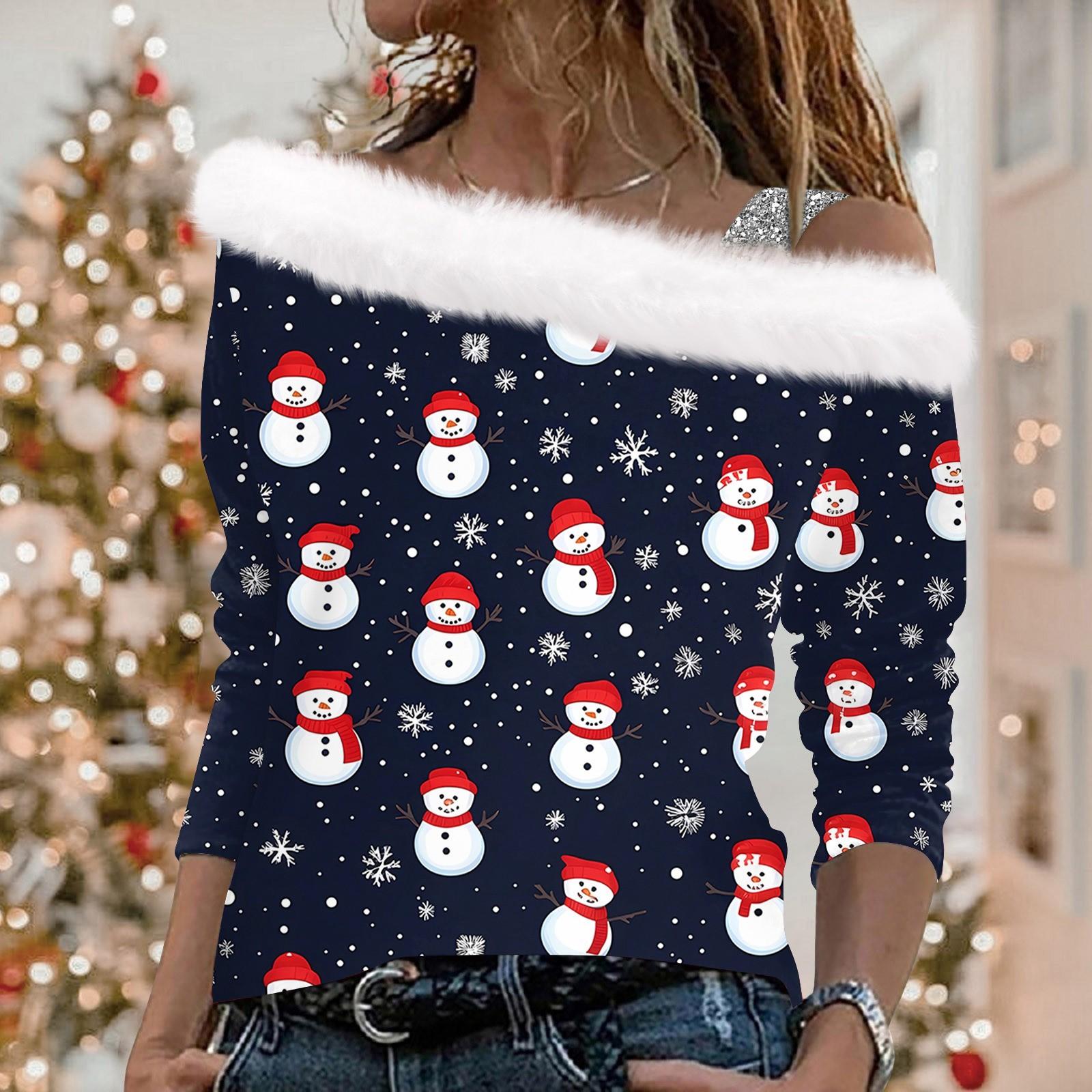 

Женские топы с длинным рукавом, модные женские свободные пуловеры с рождественским принтом и открытыми плечами XL тёмно-синий