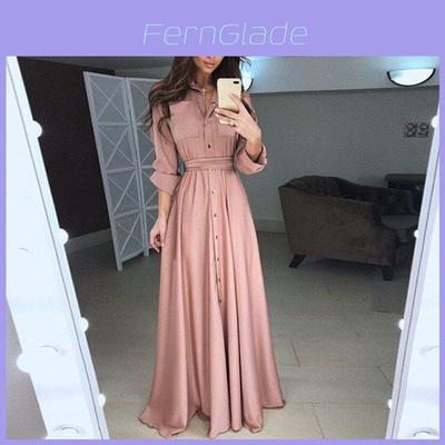 Sleeve Women Long Button Dowm Maxi Dress Evening Party Casual Shirt Dress