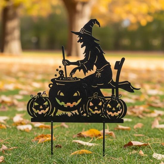 Handmade Witch Garden Stake Black Finish Powder Coated Metal Art Witch Silhouette Stake Halloween Decor