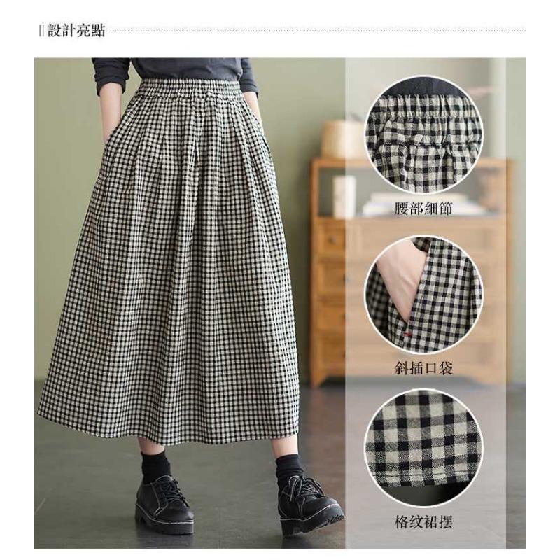 The Real Shot of The New Literary and Artistic Women's Clothing Cotton and Linen  Pendulum High Waist and Thin A Word Medium and Long Skirt