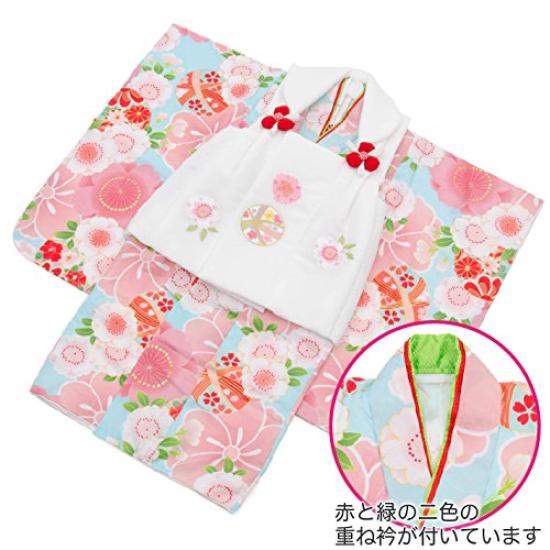 Kimono 3 Years Old Cloth Set Girls Kyoto Hanahime Mari 4 Light Blue Kimono White Cloth Coat Embroidered Sakura Mari Full Set Shichi-Go-San