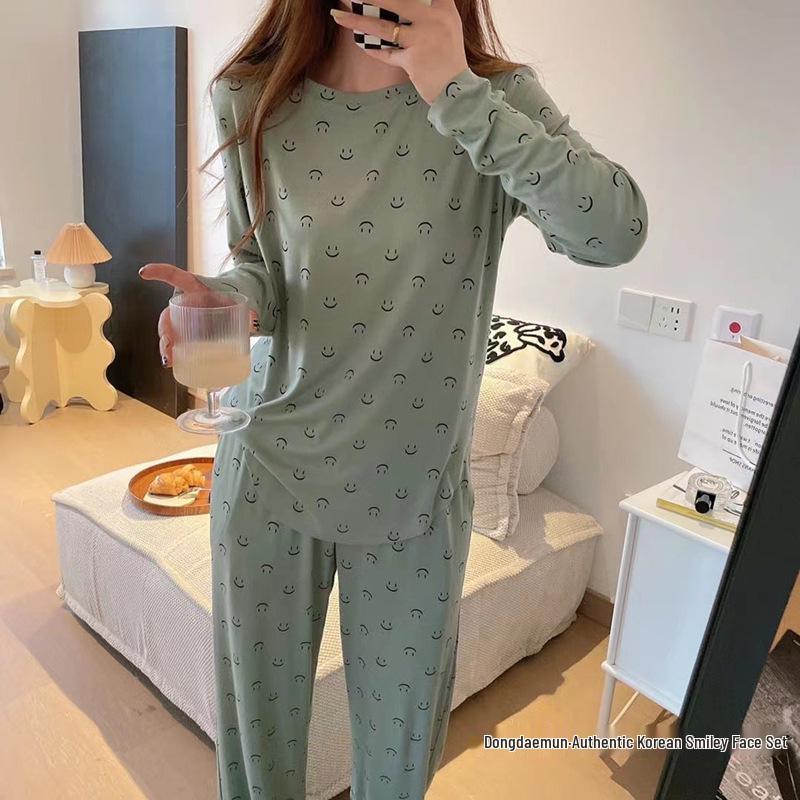 Women's Korean Smiley Face Cartoon Pajamas Set – Long-Sleeved Pullover & Trousers for Autumn/Winter