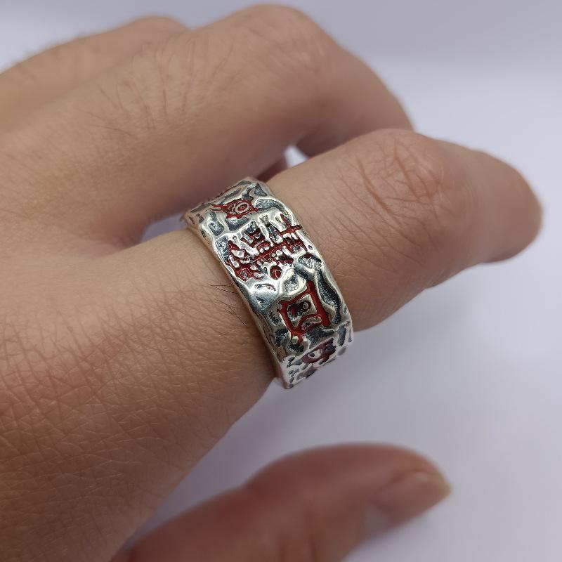 Yintai Fei Thai Silber Verstellbarer Gehämmert Ring, Unisex Retro Stil mit Kreppmyrte & Heilige Berge Design