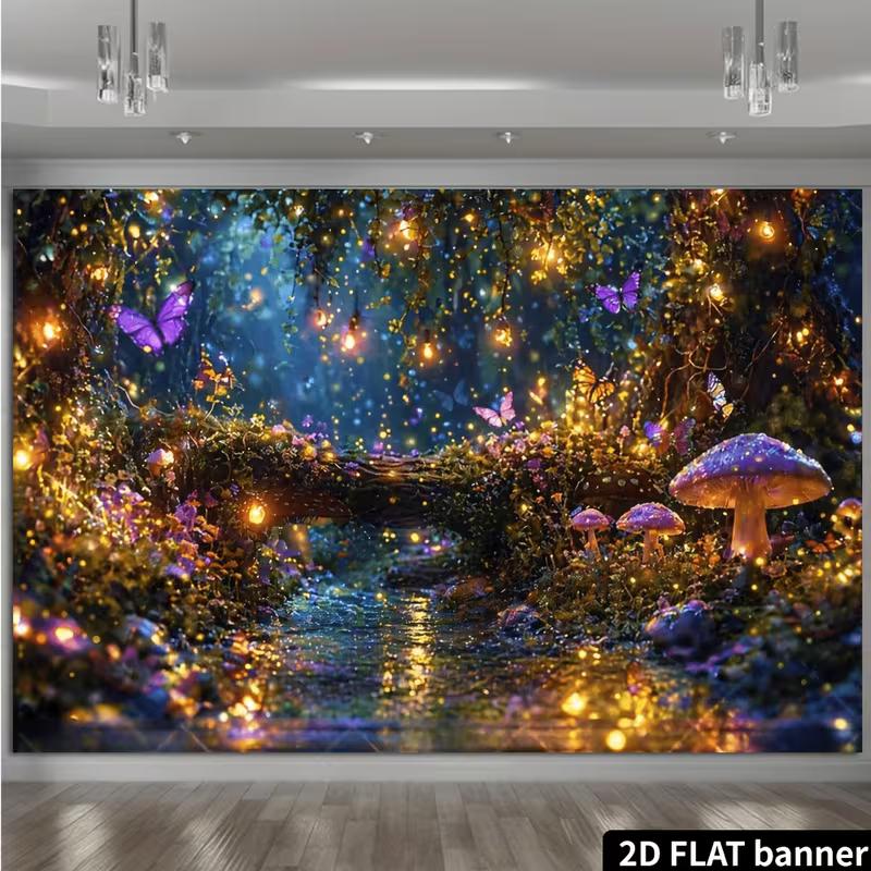 2D Enchanted Forest Backdrop, Magical Night Mushroom & Butterfly Photography Background