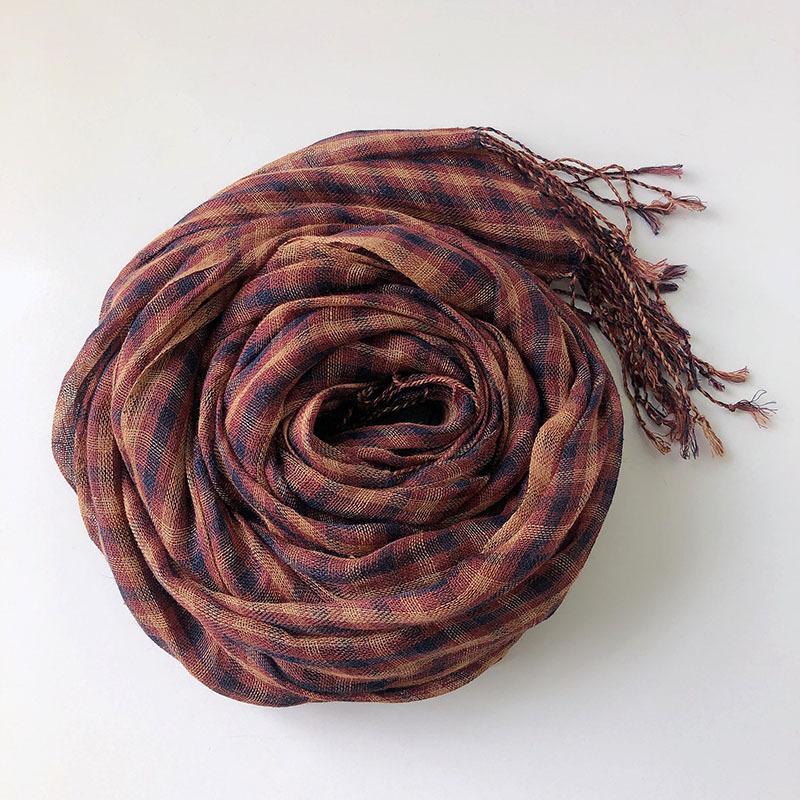 Spring And Summer New Linen Small Plaid Scarf Thin Breathable Women's Scarves Tassel Long Shawl 60x180CM