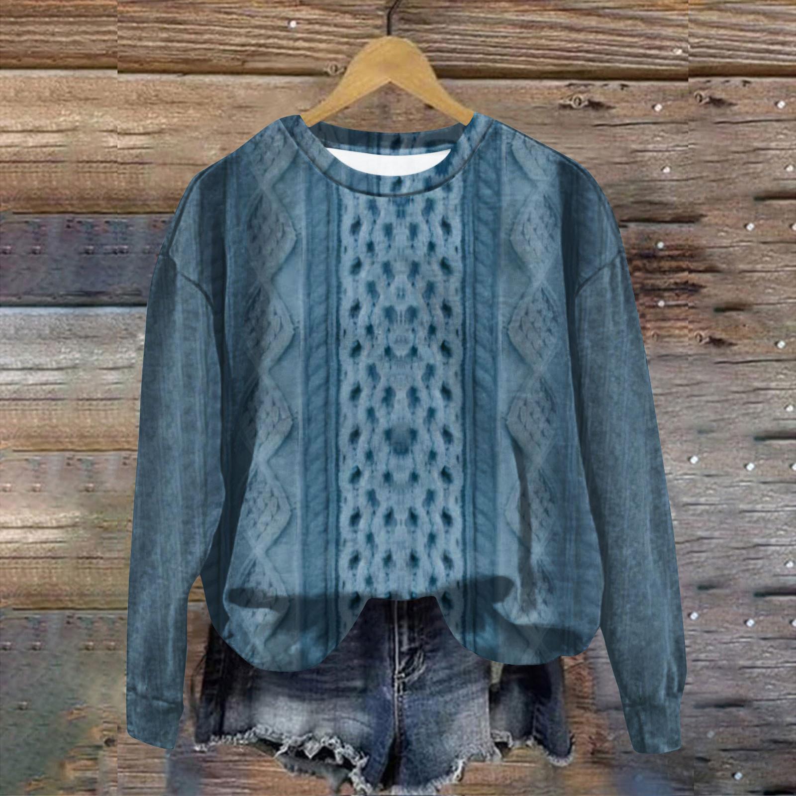 

Женская мода ChristmasPrinted с длинным рукавом свободный круглый вырез толстовка Топ M циан